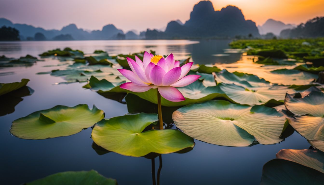 A vibrant lotus flower blooms in a serene Vietnamese lake, captured in stunning detail and clarity.