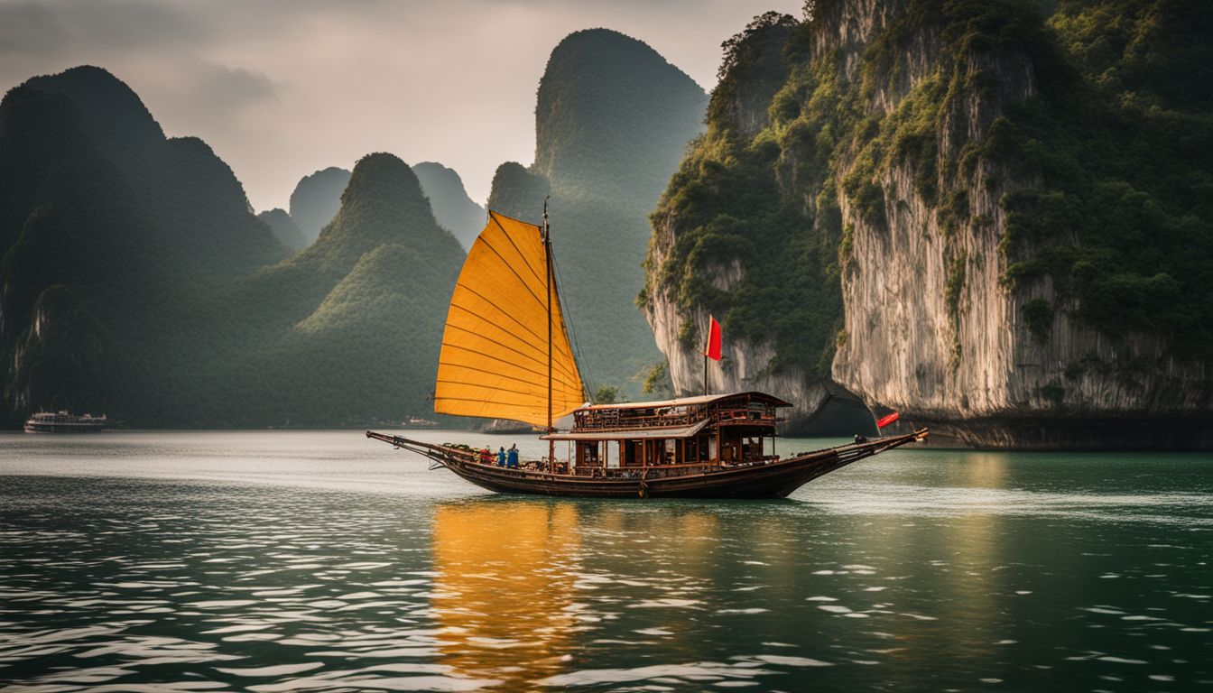 A photo of a traditional Vietnamese boat sailing in the peaceful waters of Ha Long Bay.