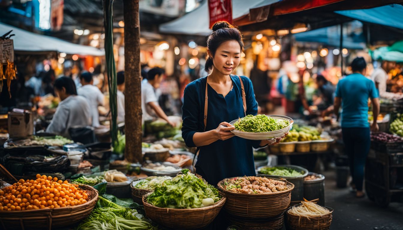 A Vietnamese street vendor selling food in a bustling market, captured in a vivid and detailed photograph.