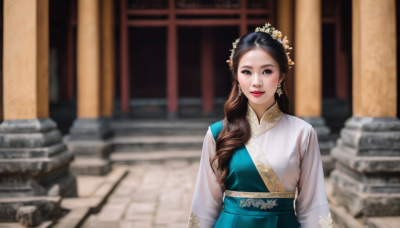 An elegant Vietnamese woman in traditional ao dai dress stands amidst the ancient architecture of the Imperial City.