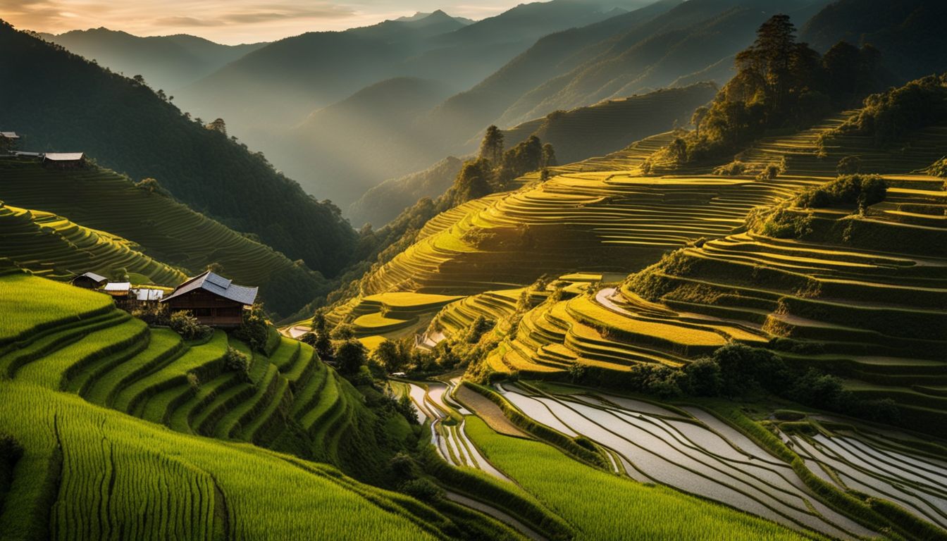 A captivating photo showcasing rice terraces at sunset with a variety of people, outfits, and hairstyles.
