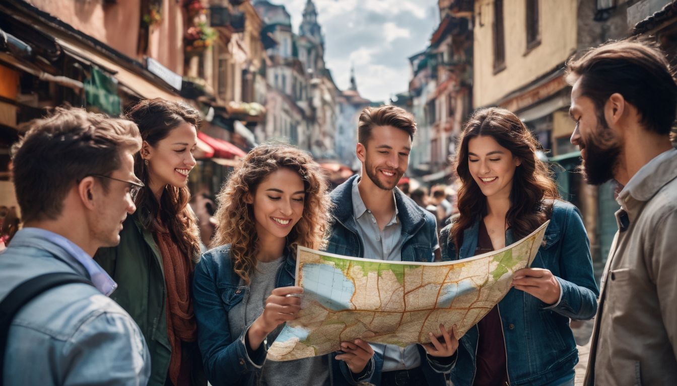A diverse group of travelers hold a map and converse in a bustling cityscape.