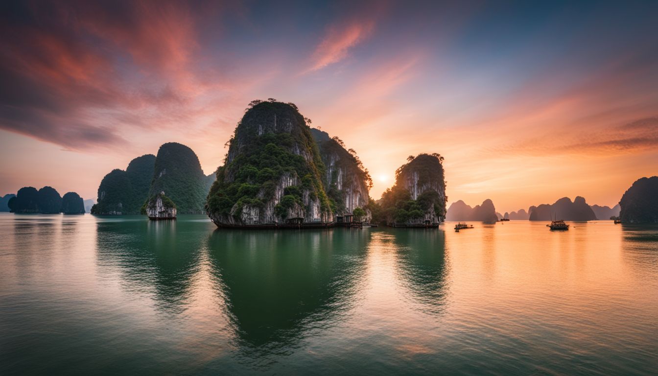 A stunning sunrise over the limestone karsts of Halong Bay, capturing the bustling atmosphere and natural beauty.