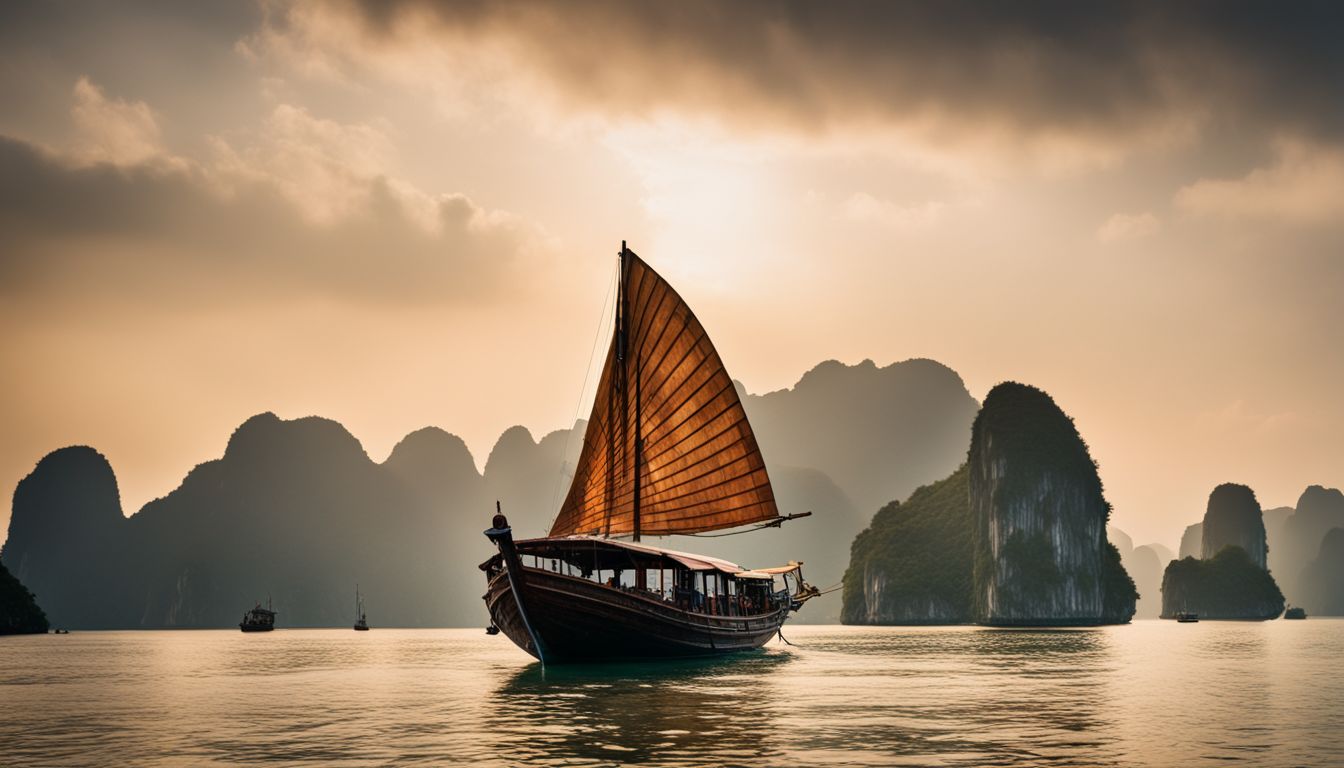 A traditional wooden boat sails in the serene waters of Ha Long Bay, Vietnam, surrounded by a bustling atmosphere.