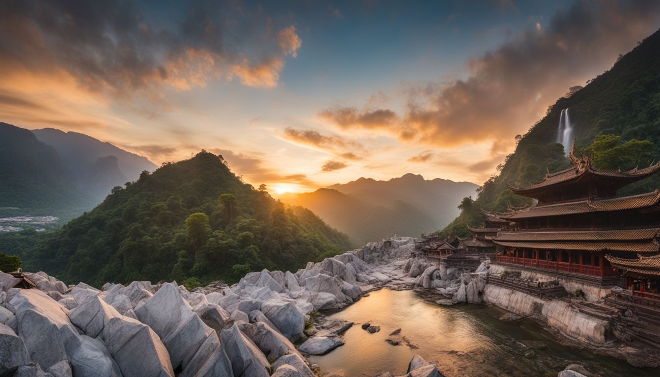 A breathtaking panoramic view of Marble Mountains at sunrise, showcasing its natural beauty and ancient temples.