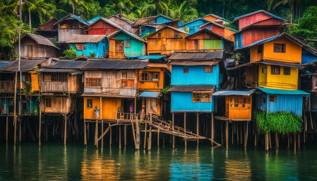 Colorful houses on stilts in Cong Dam Floating Village surrounded by calm waters and lush greenery.