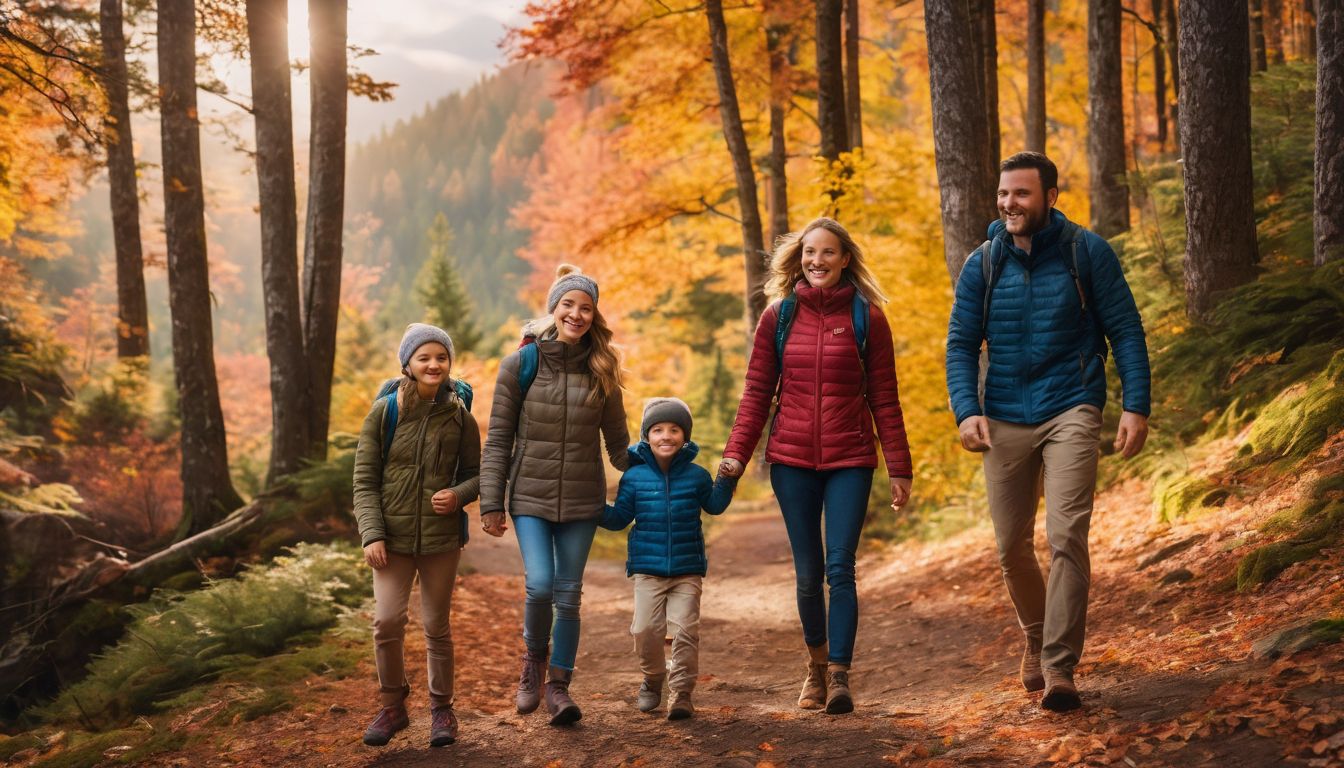 A family of four enjoys a peaceful hike through vibrant autumn foliage.