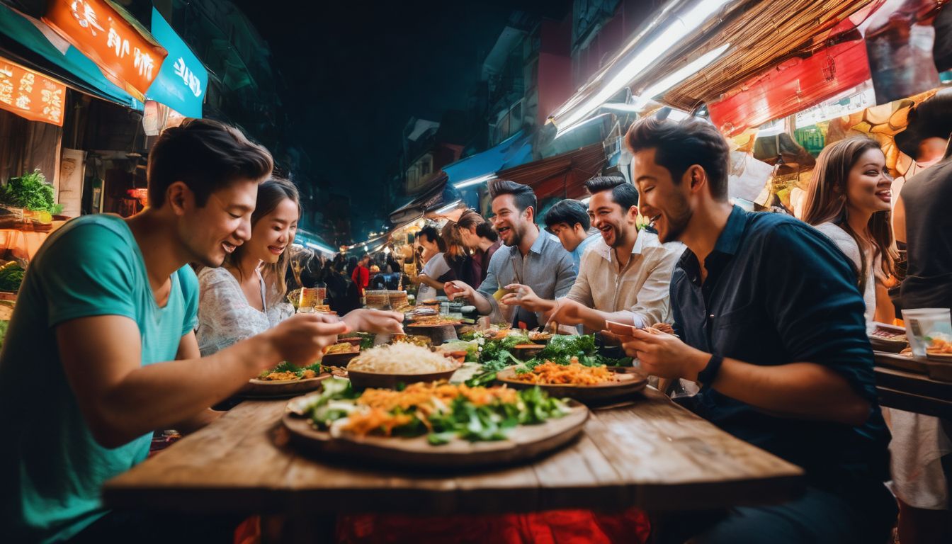 A diverse group of friends enjoys a street food feast in a vibrant Vietnamese market.