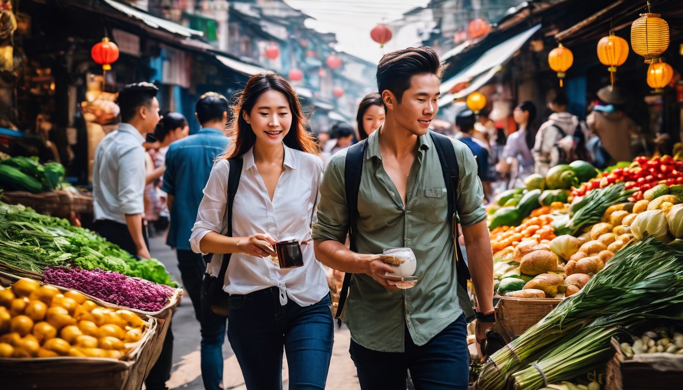 A diverse group of Vietnamese travelers explore a busy market, capturing the vibrant atmosphere and beautiful cityscape.