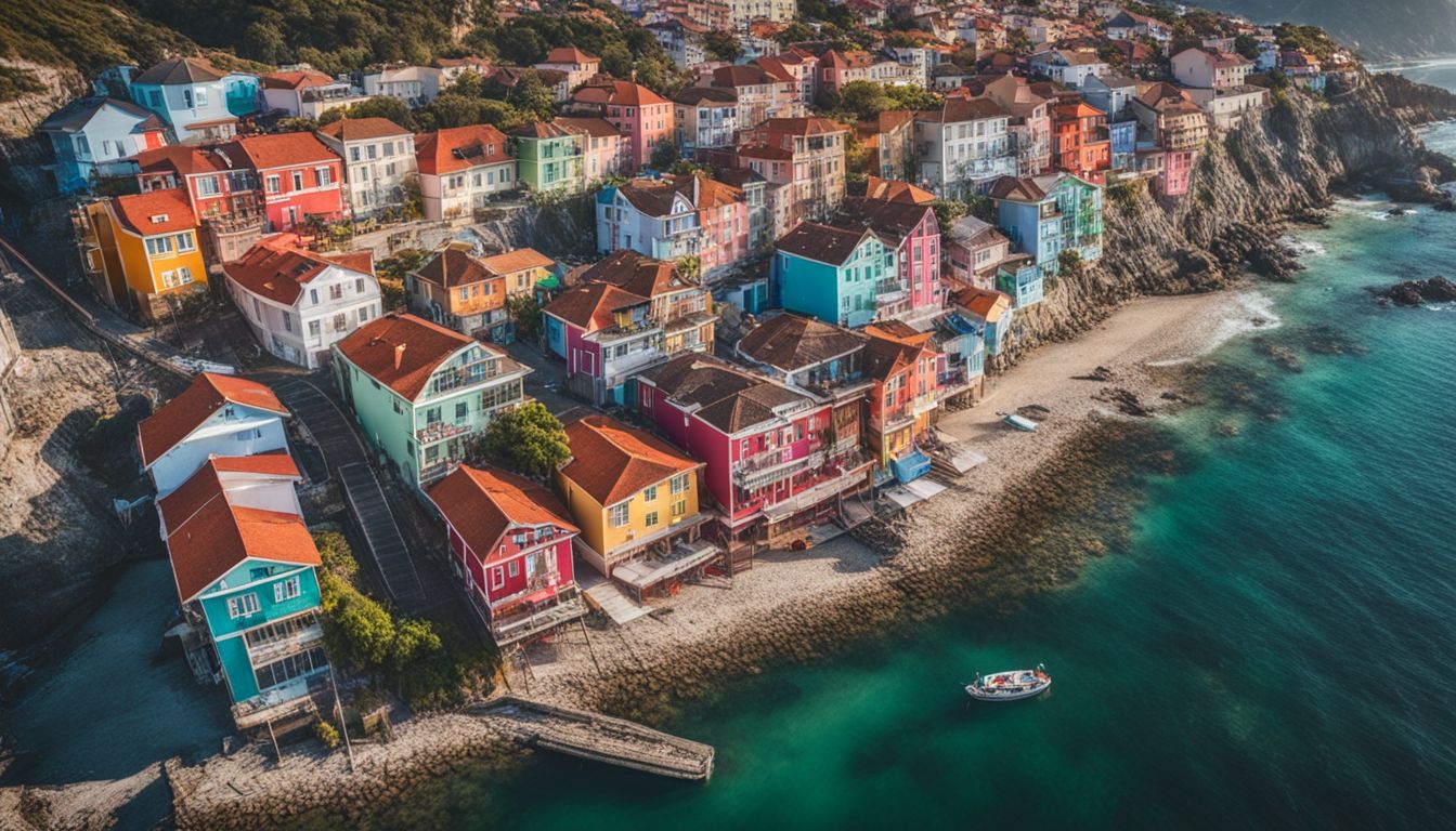 Aerial view of a coastal town with colorful houses and a bustling atmosphere.