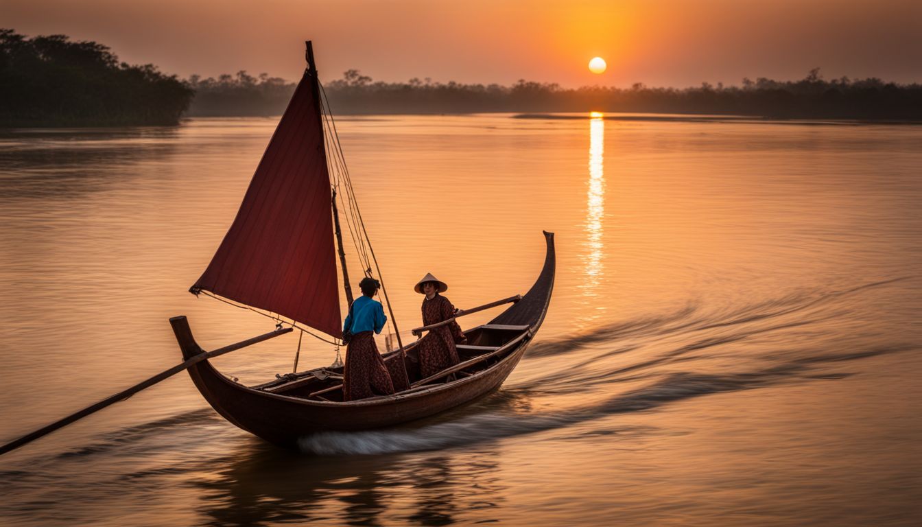 A traditional wooden boat sails on the Mekong River at sunset in a bustling atmosphere.
