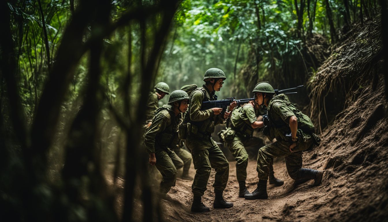 Soldiers explore the dark Cu Chi Tunnels with flashlights in a bustling and atmospheric environment.