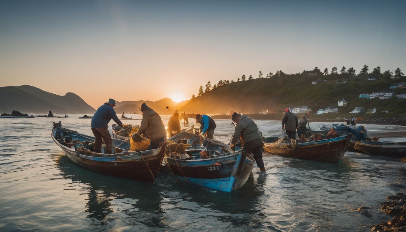 A group of fishermen unload their catch from traditional fishing boats in a bustling atmosphere.