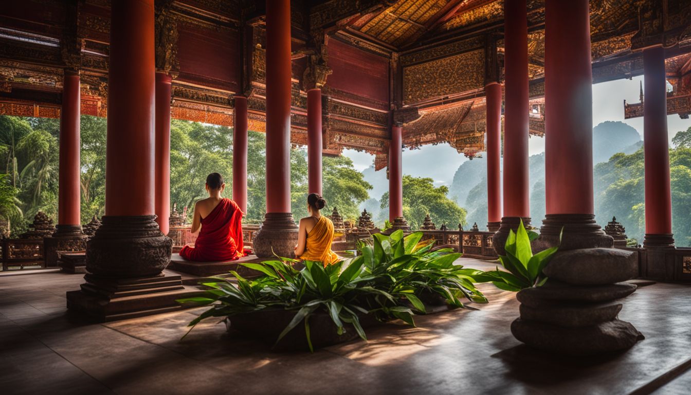 A serene Buddhist temple in Vietnam surrounded by lush greenery, with people of diverse backgrounds and styles.