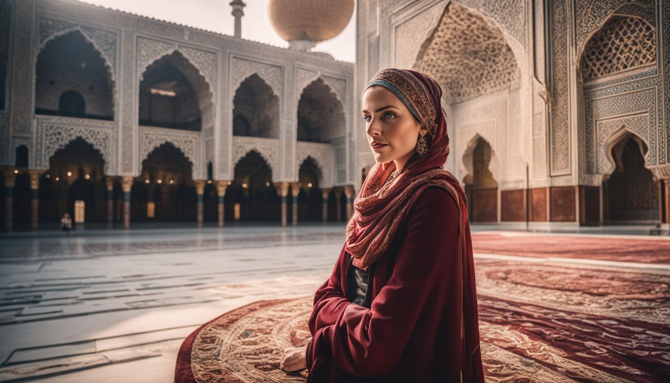A woman wearing a traditional headscarf visits a mosque with intricate architecture in a bustling atmosphere.