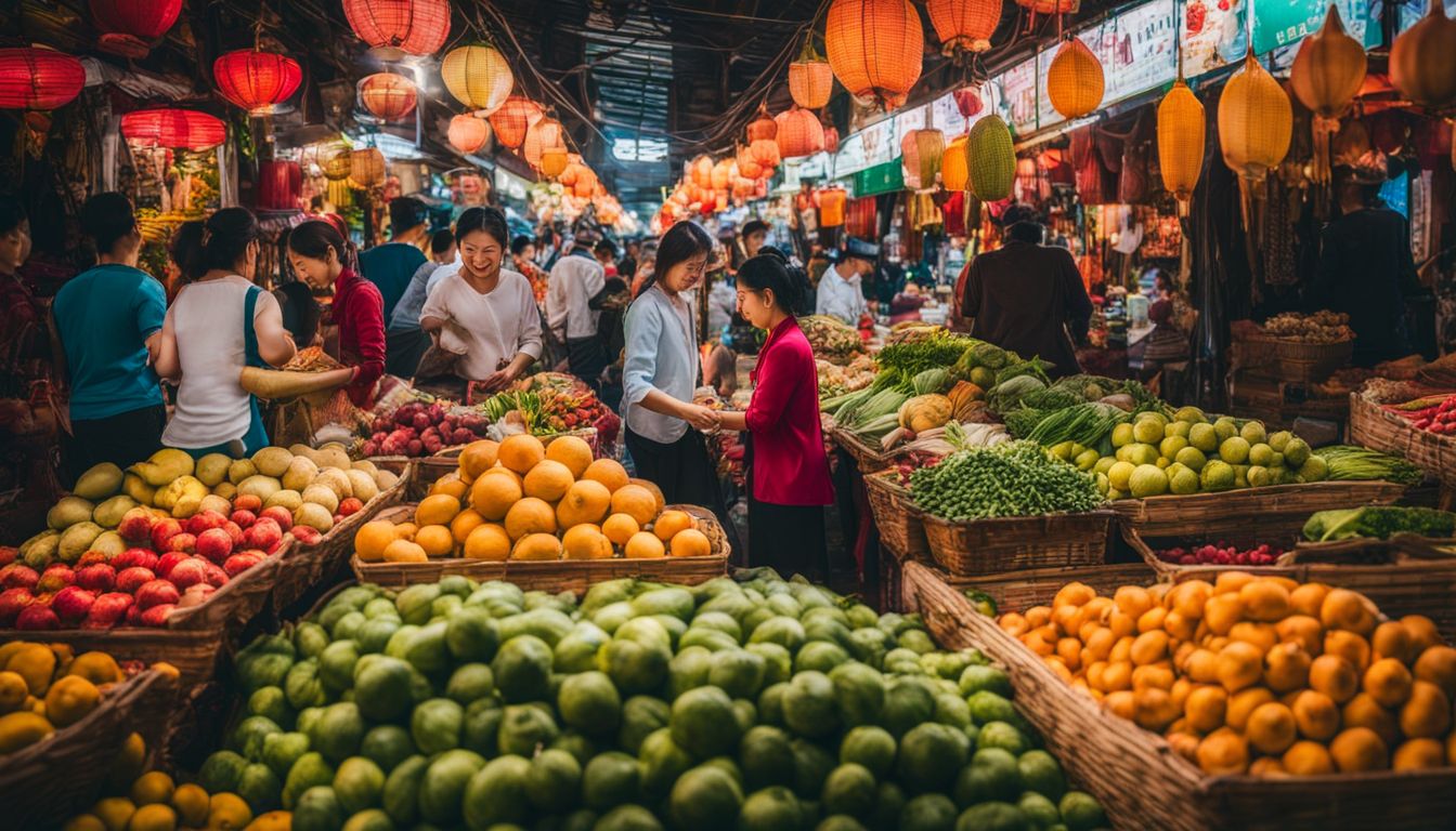 A lively Vietnamese market filled with an array of colorful fruits, vegetables, and traditional crafts.