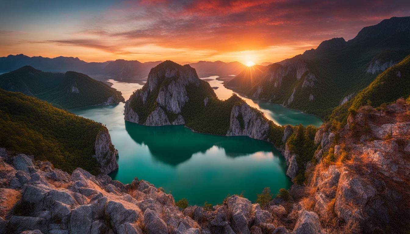 A stunning photograph capturing the vibrant sunset over Marble Mountains with a bustling atmosphere and diverse individuals.