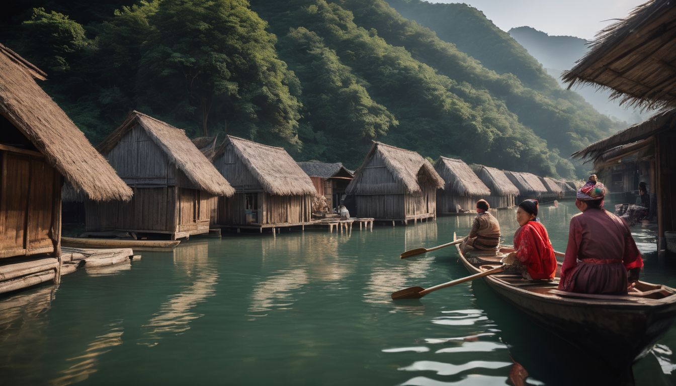 A diverse group of villagers row a boat through floating houses in traditional clothing.
