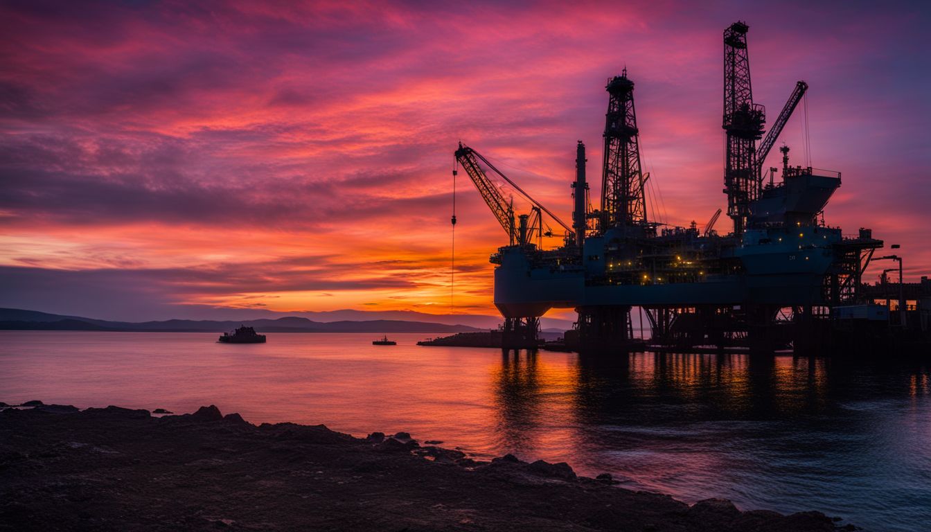 A drilling rig stands silhouetted against a colorful sunset backdrop on THUMS Islands.