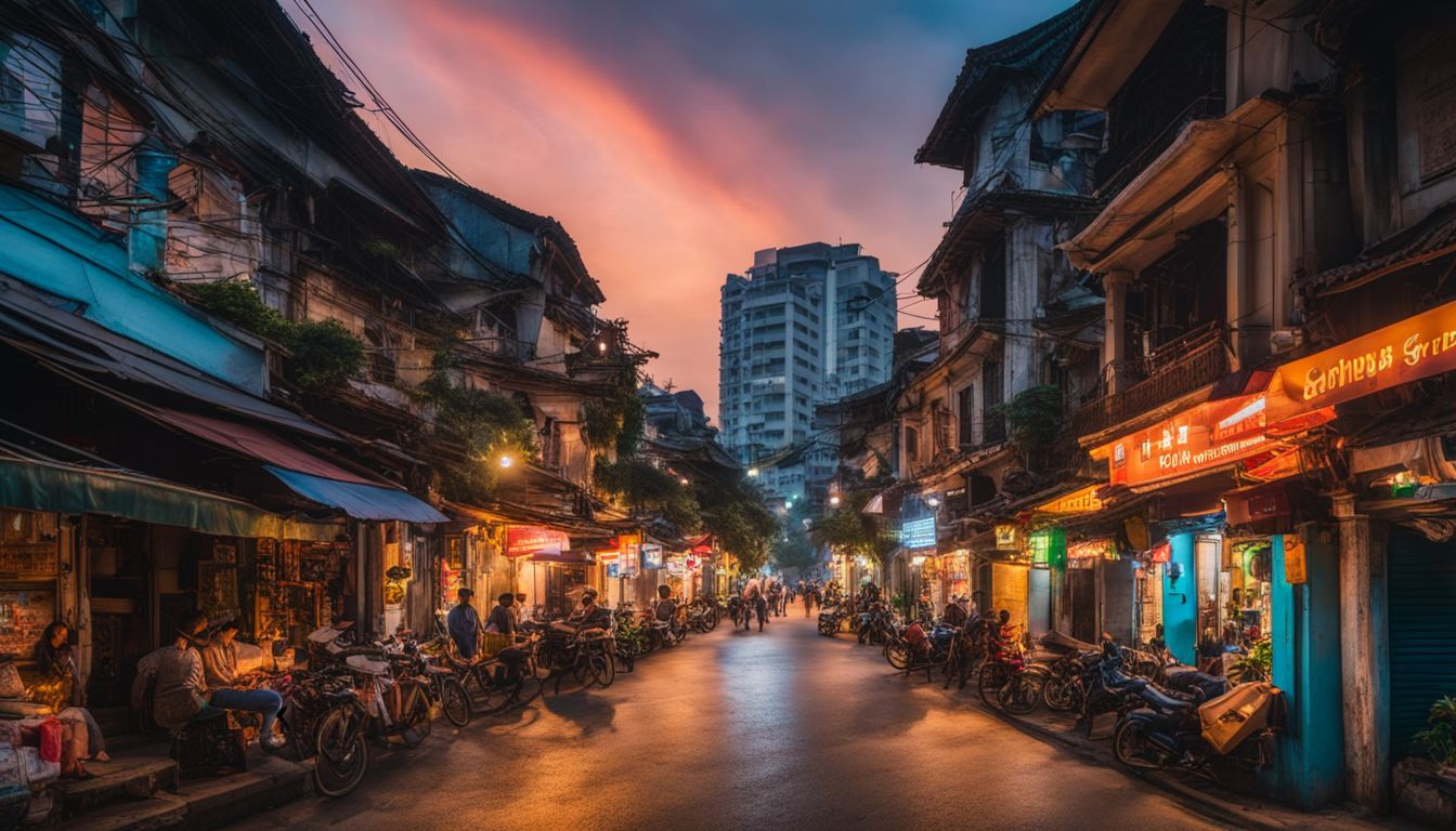 A vibrant cityscape of Hanoi at dusk captures the bustling streets and colorful architecture.