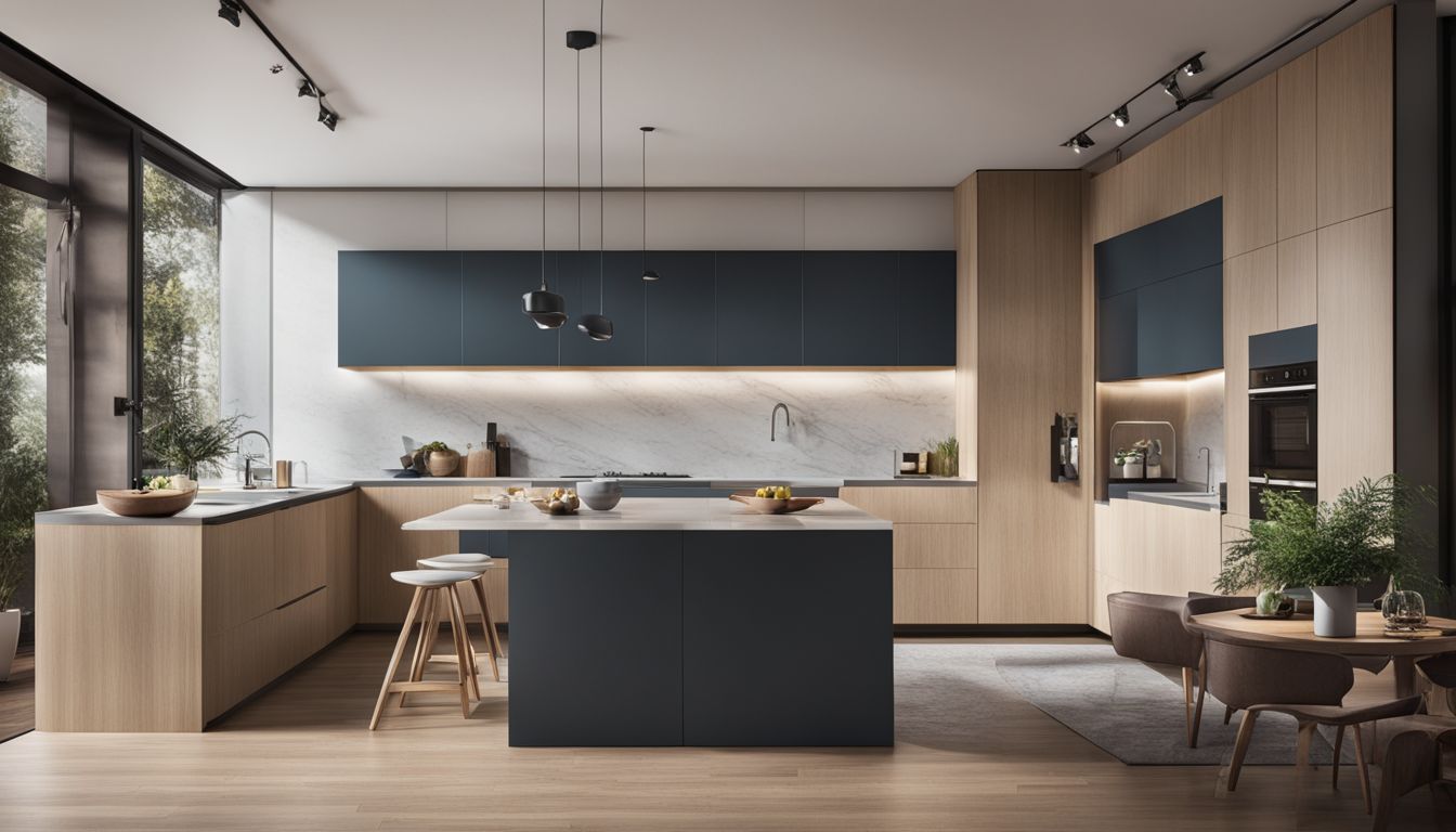 A photo of a modern kitchen with sleek cabinets in contrasting colors.
