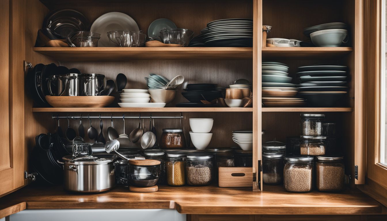 A well-organized kitchen cabinet filled with various utensils and dishes.
