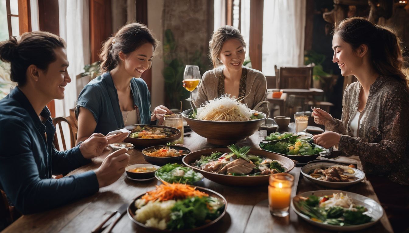 A diverse family gathers around a beautifully set dining table to enjoy a traditional Vietnamese meal.