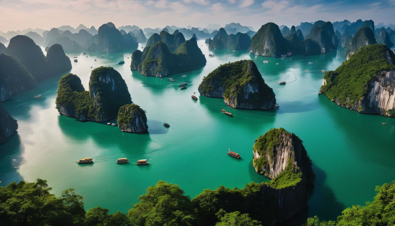 An aerial shot of the stunning Ha Long Bay with limestone karsts and emerald waters.