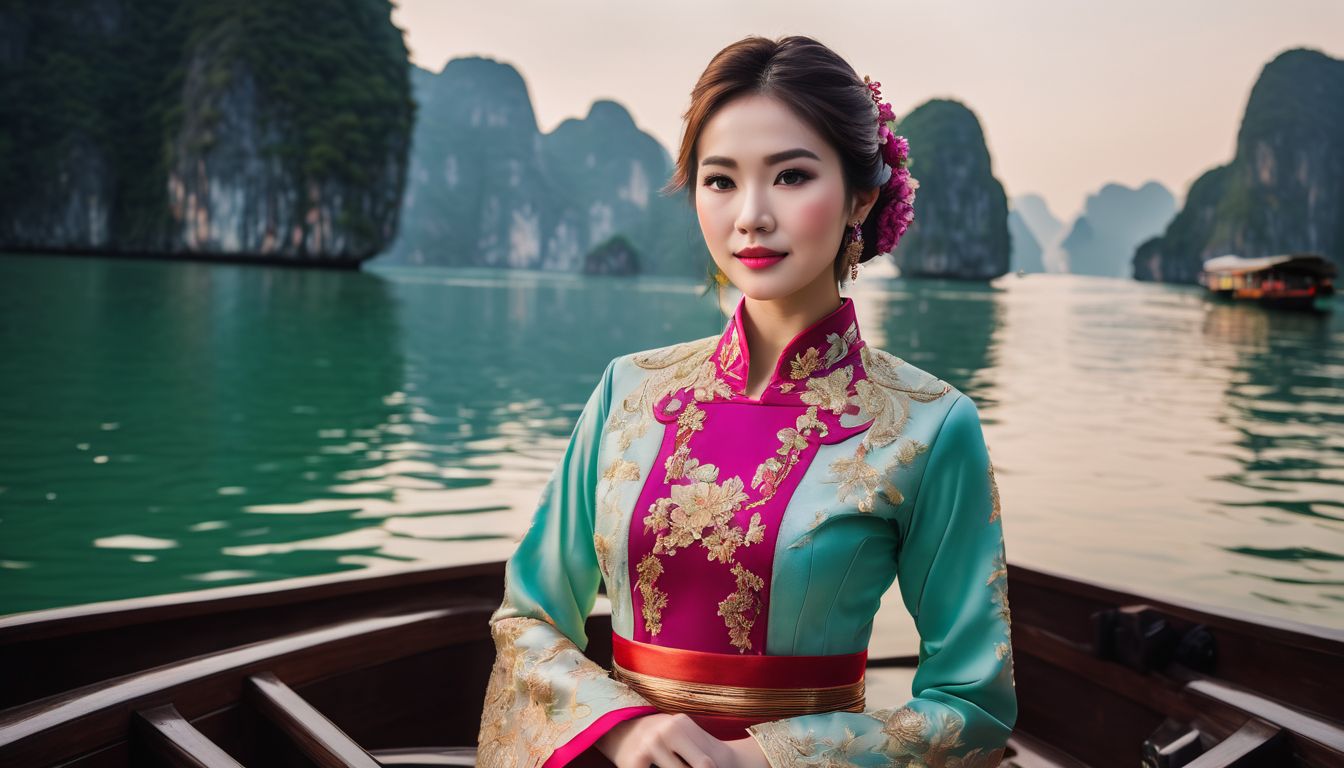 A young woman in a traditional Vietnamese ao dai stands on a boat in Ha Long Bay.