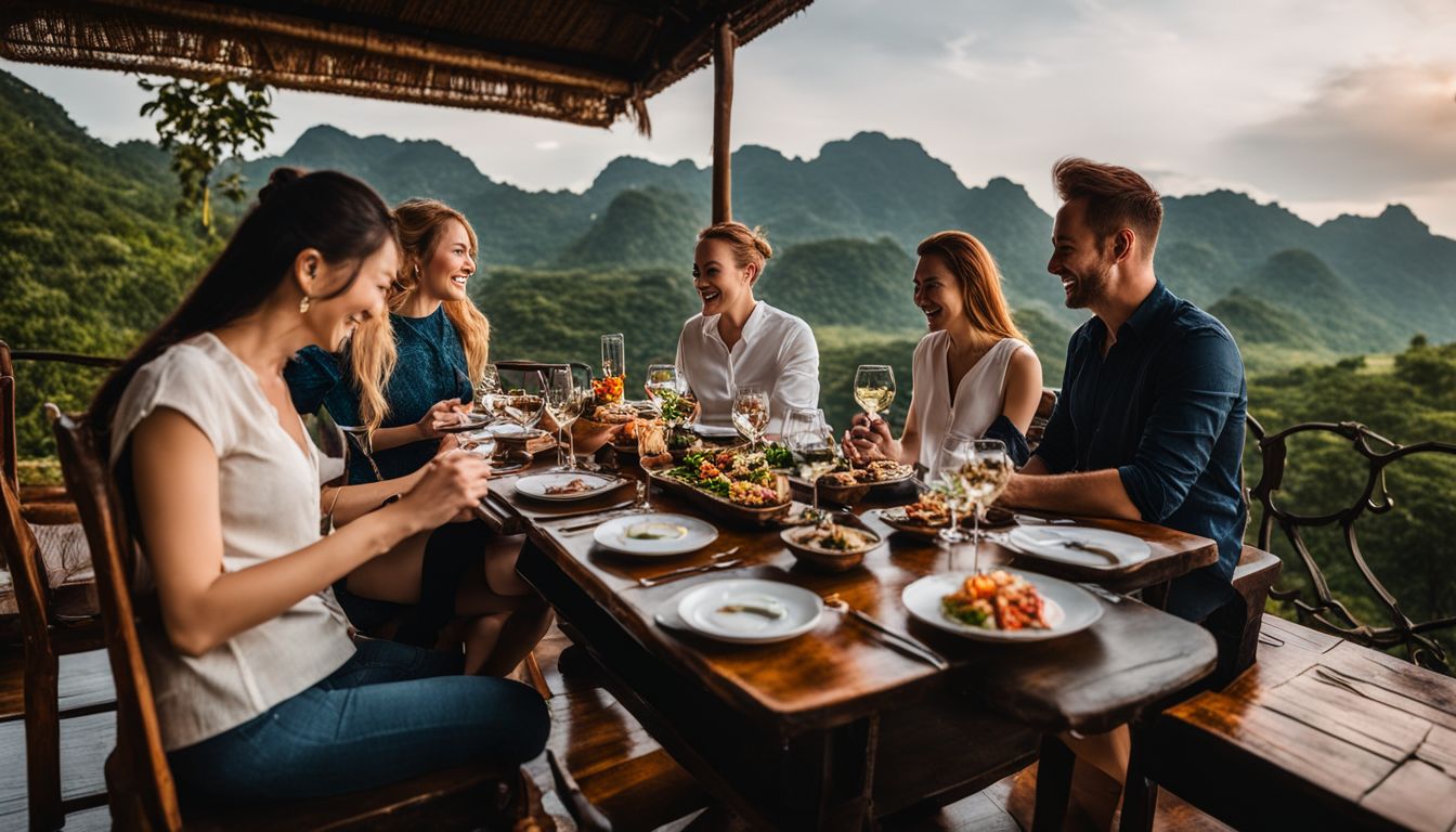 Clients of Exotic Voyages enjoy a luxury dining experience with stunning views of Vietnam's picturesque landscapes.