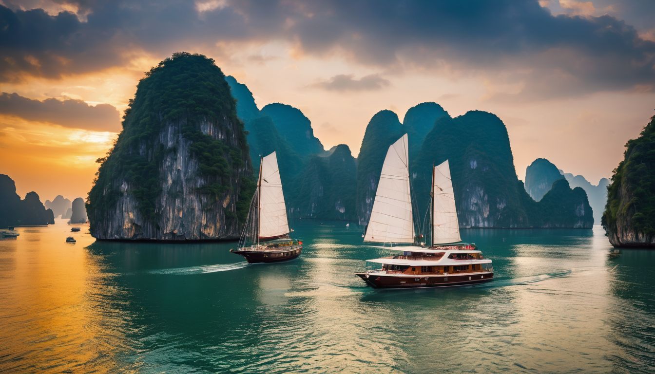A luxurious yacht sails in the sparkling waters of Halong Bay at sunset, creating a picturesque seascape.