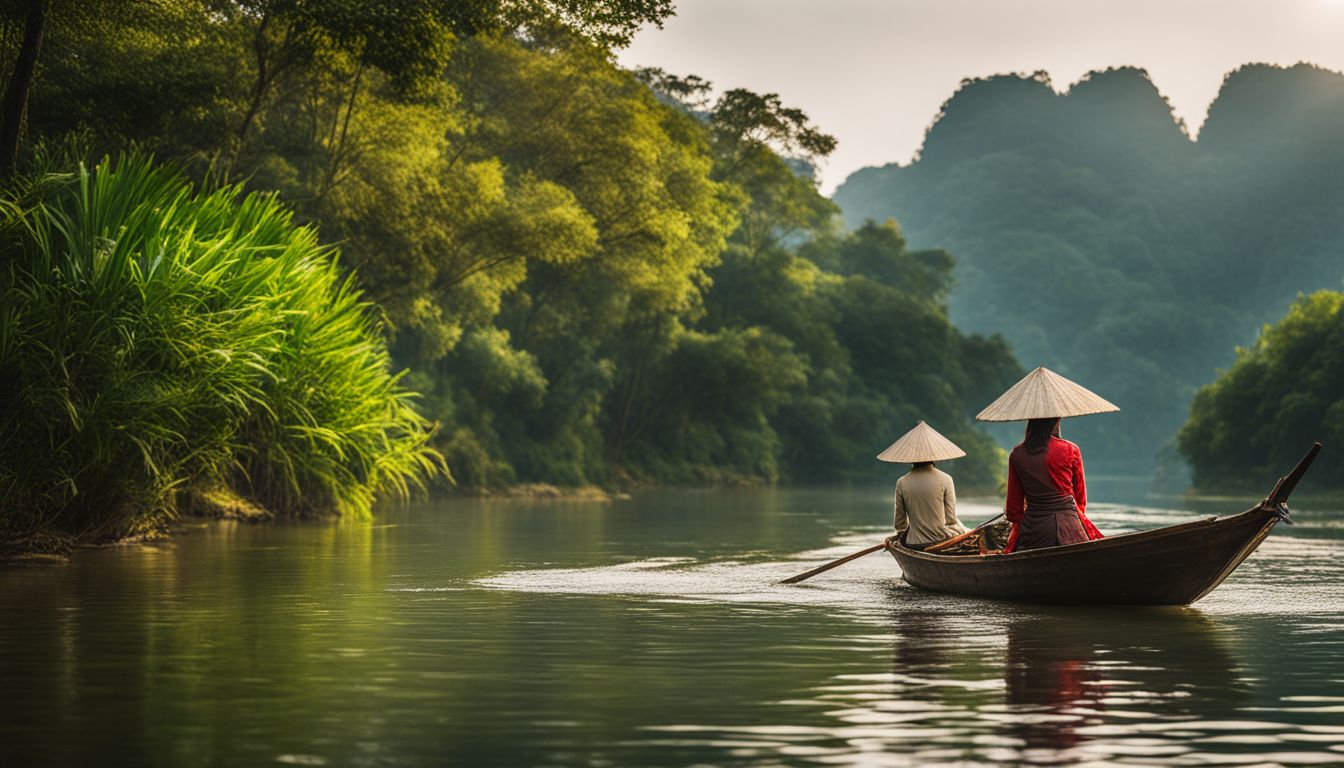 A traditional Vietnamese boat sails along a calm river surrounded by lush greenery.