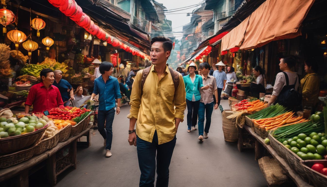 A local Vietnamese tour guide leads a diverse group of tourists through a vibrant traditional market.