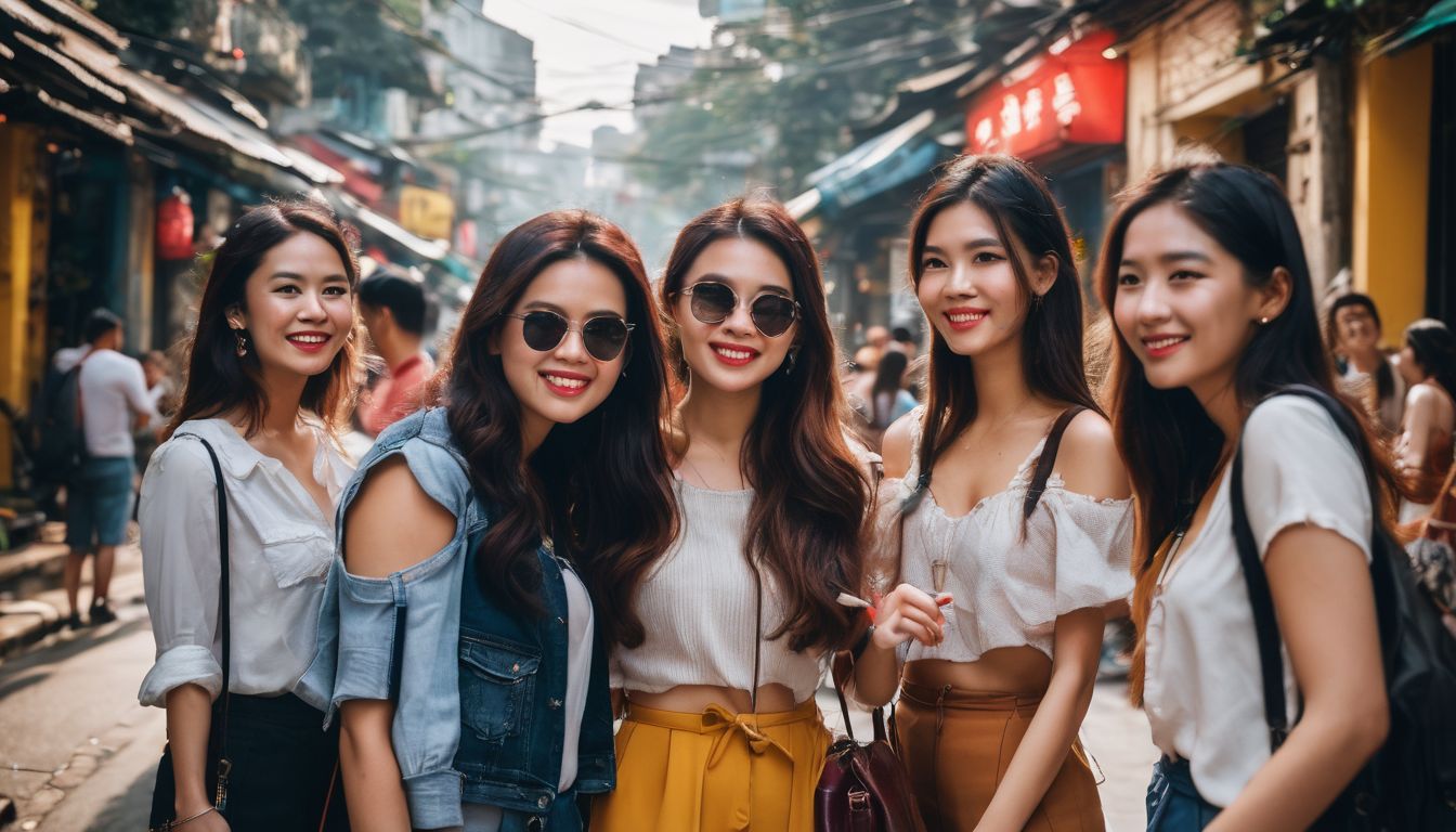 A diverse group of friends explore the bustling streets of Hanoi together.