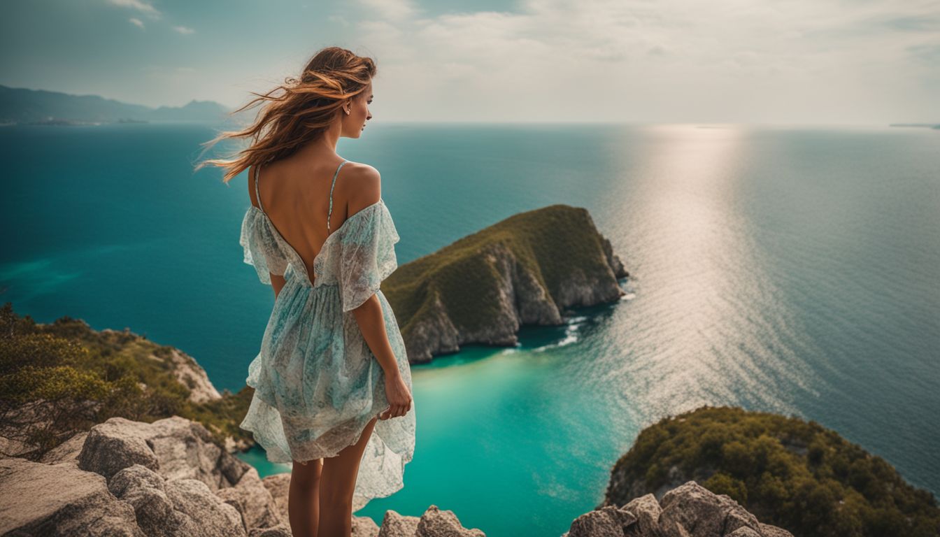 A woman in a flowing dress stands on a rocky cliff overlooking the turquoise waters of Island White.