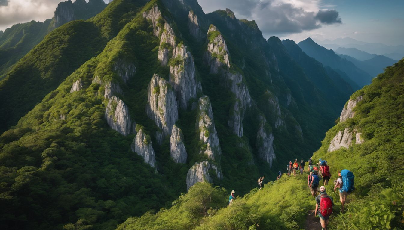 A group of hikers standing on the peak of Marble Mountains surrounded by lush greenery.