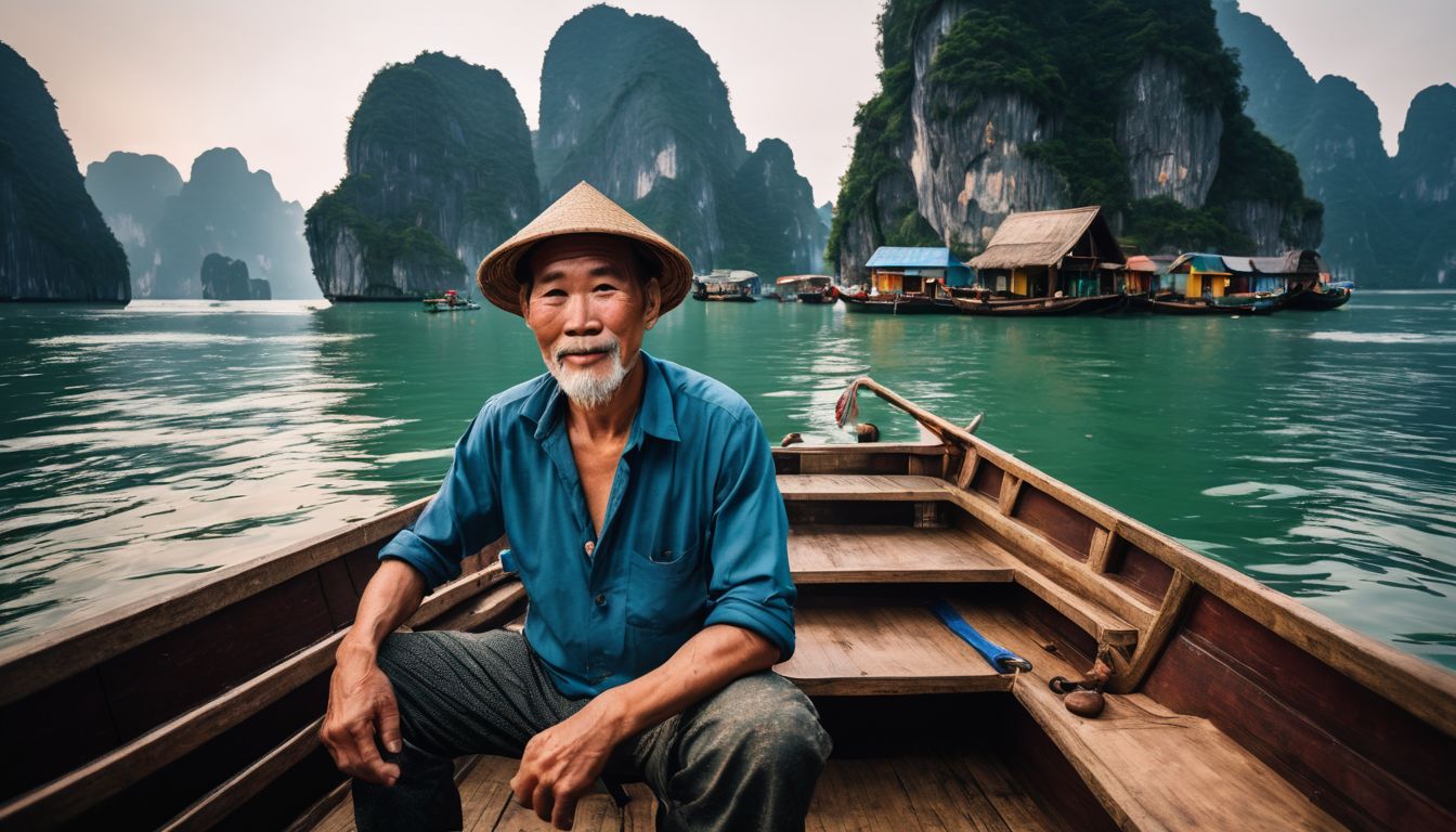 A Vietnamese fisherman navigates through the floating houses in the serene waters of Halong Bay.