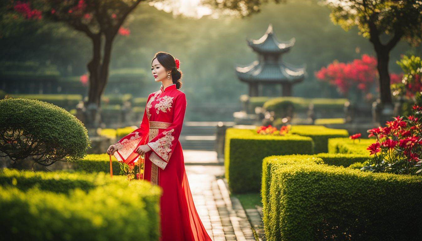 A woman wearing a traditional Vietnamese ao dai walking through the vibrant gardens of the Imperial City.