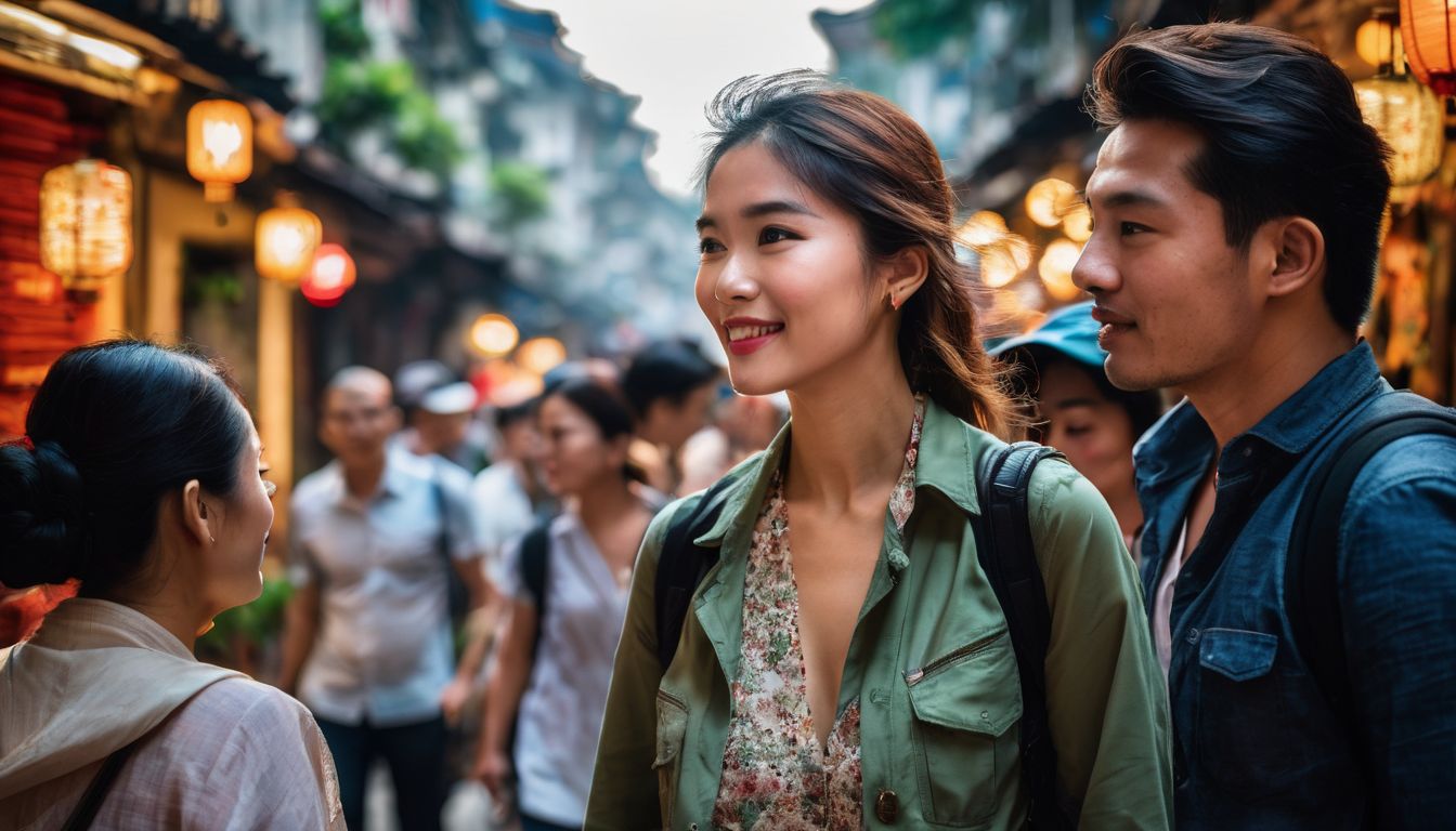A diverse group of tourists exploring the streets of Hanoi in vibrant and detailed cityscape photography.