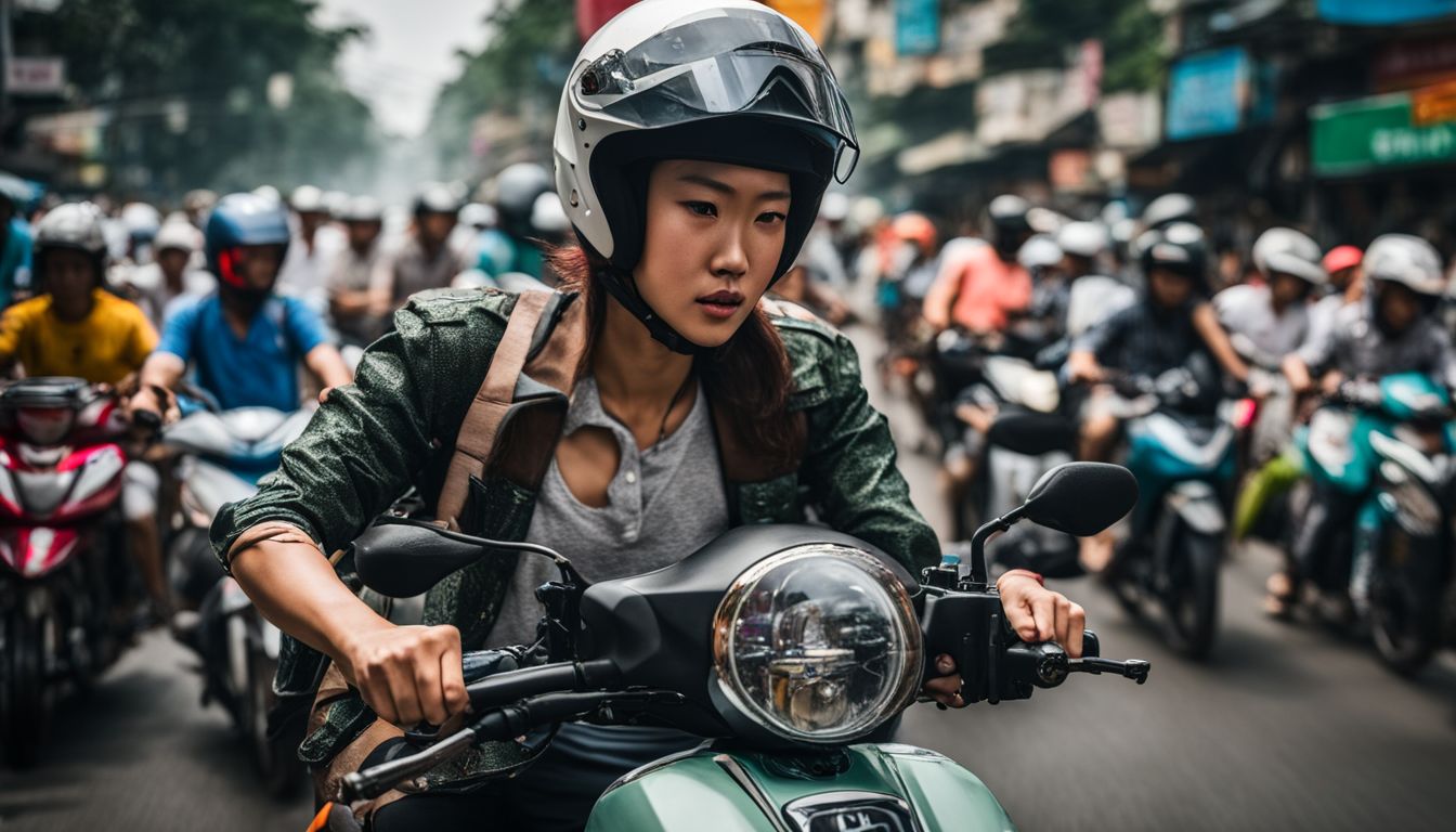 A motorbike weaves through crowded traffic in Ho Chi Minh City capture.