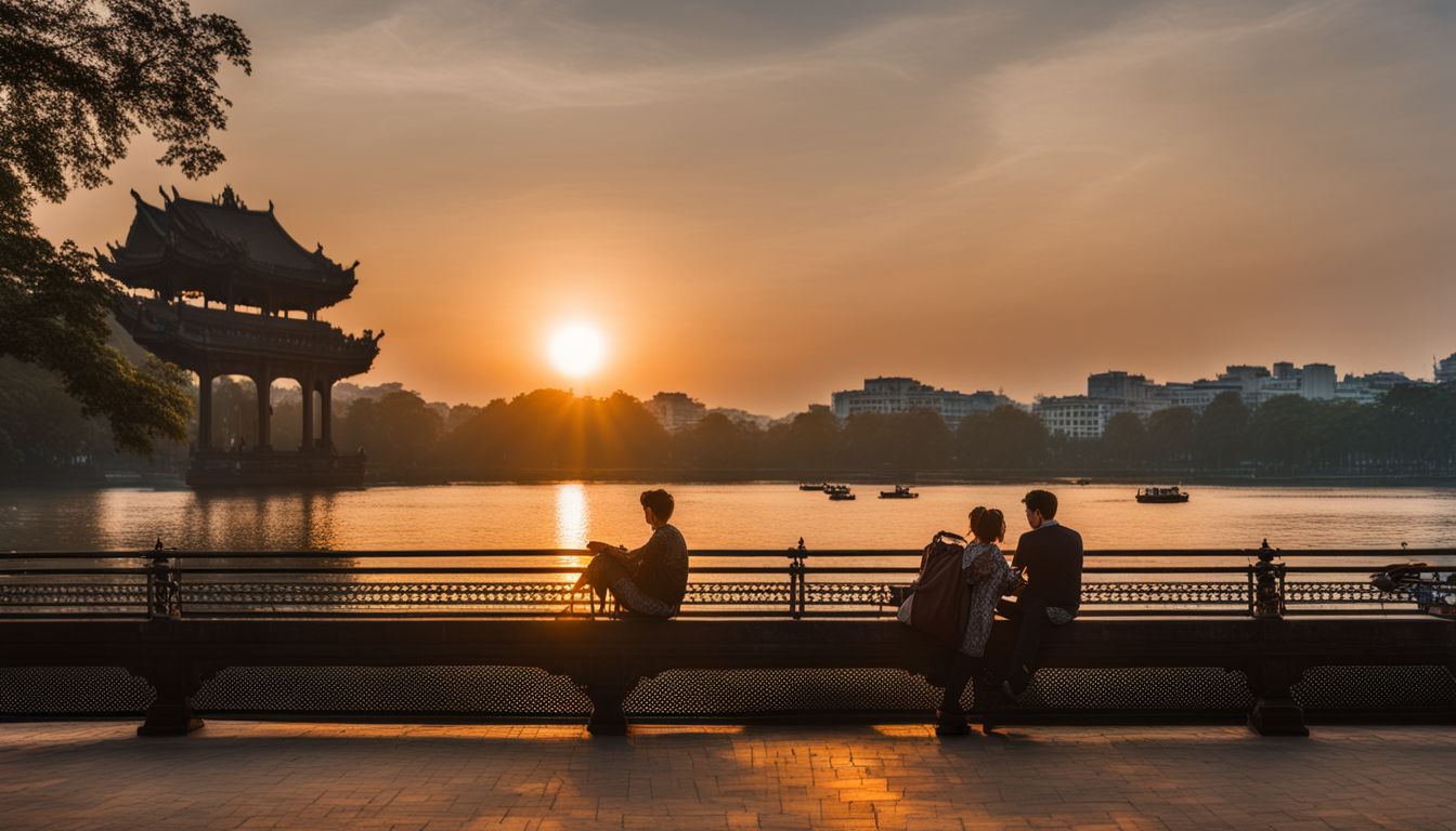 The photo captures the stunning sunset behind Hoan Kiem Lake in Hanoi, showcasing the bustling cityscape.