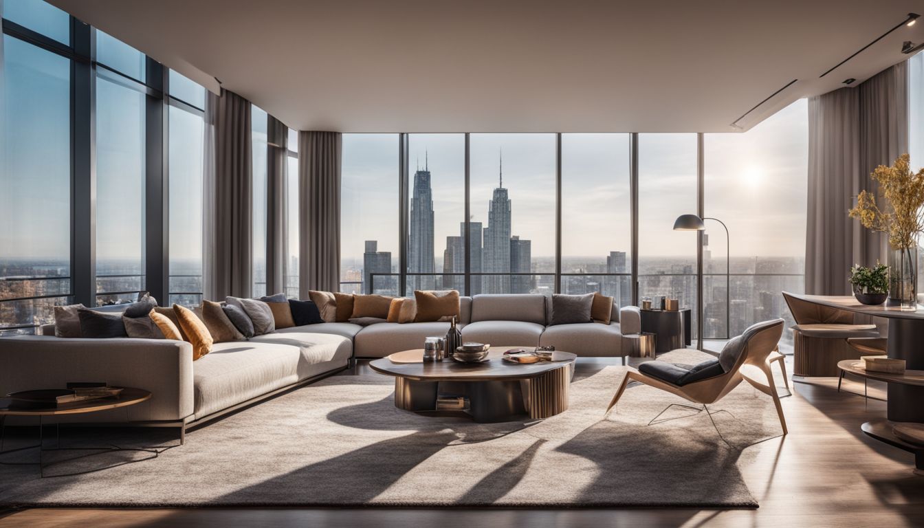 A luxurious and spacious living room with modern furniture and floor-to-ceiling windows overlooking a stunning cityscape.