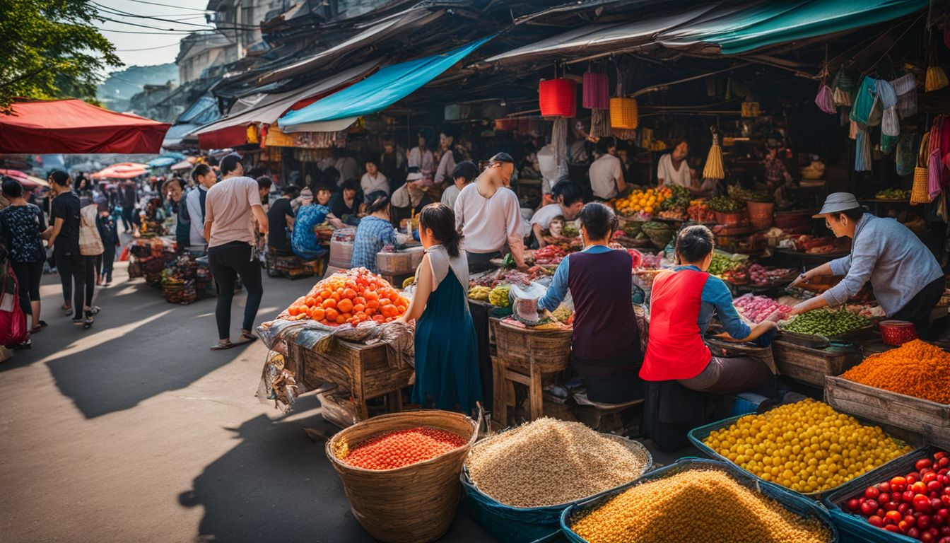 A vibrant Vietnamese street market with colorful stalls and local vendors.