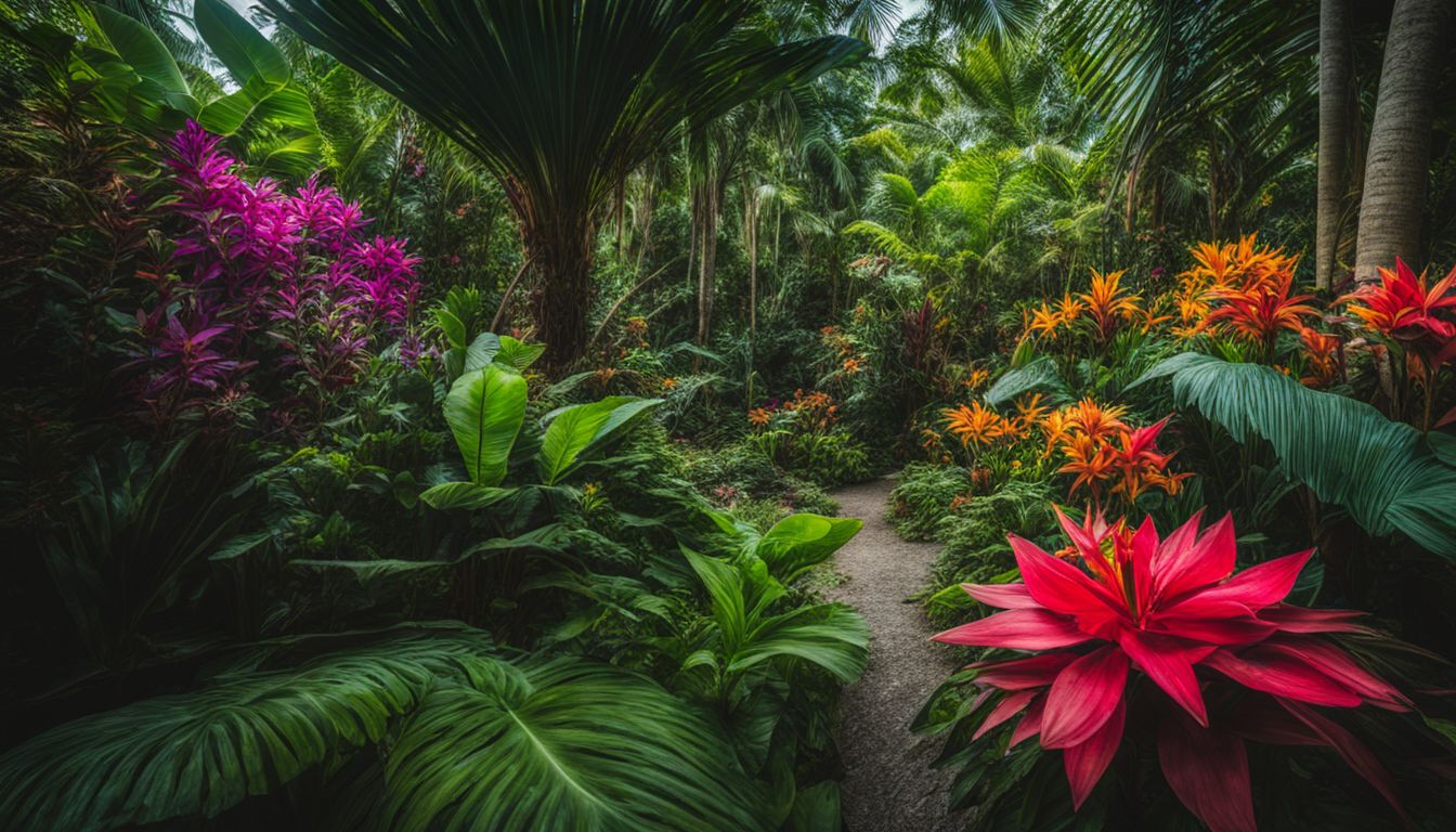 A vibrant photo showcasing lush tropical plants and colorful flowers on Freeman Island.
