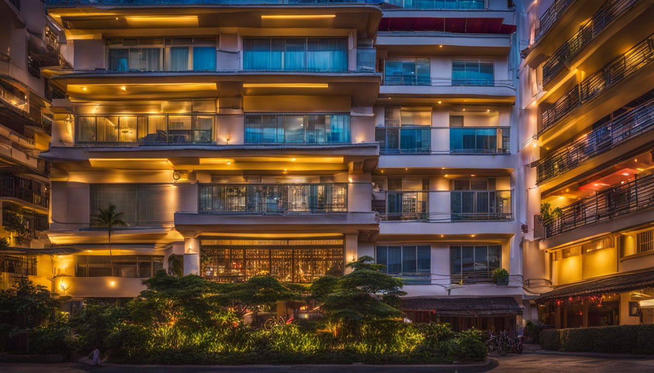 An image of Golden Rice Hotel at dusk with vibrant lights illuminating the building and a bustling cityscape.