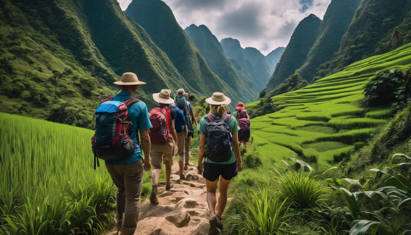 A group of diverse travelers hiking through the lush mountains of Vietnam.