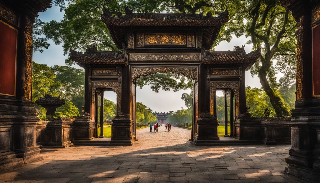 The Meridian Gate at Hue's Imperial City surrounded by lush greenery, showcasing the diversity of people and their attire.