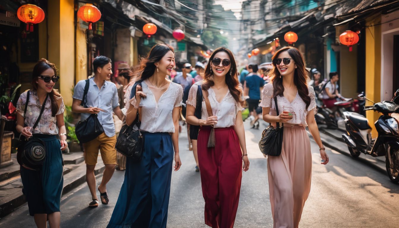 A group of diverse tourists happily exploring the vibrant streets of Hanoi.
