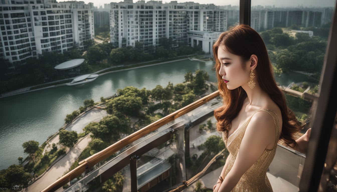 A photograph showcasing a balcony view at Golden Westlake, with a private park and elegant apartment buildings.