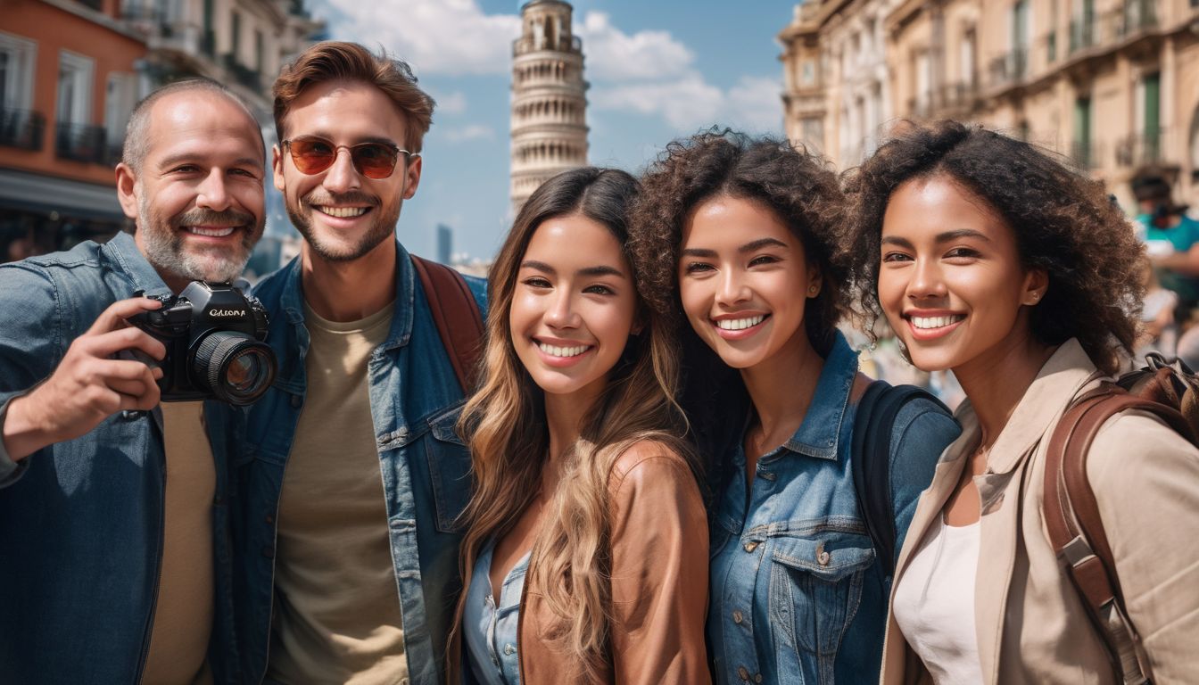 A diverse group of travelers posing in front of famous landmarks with detailed features, captured with a high-quality camera.